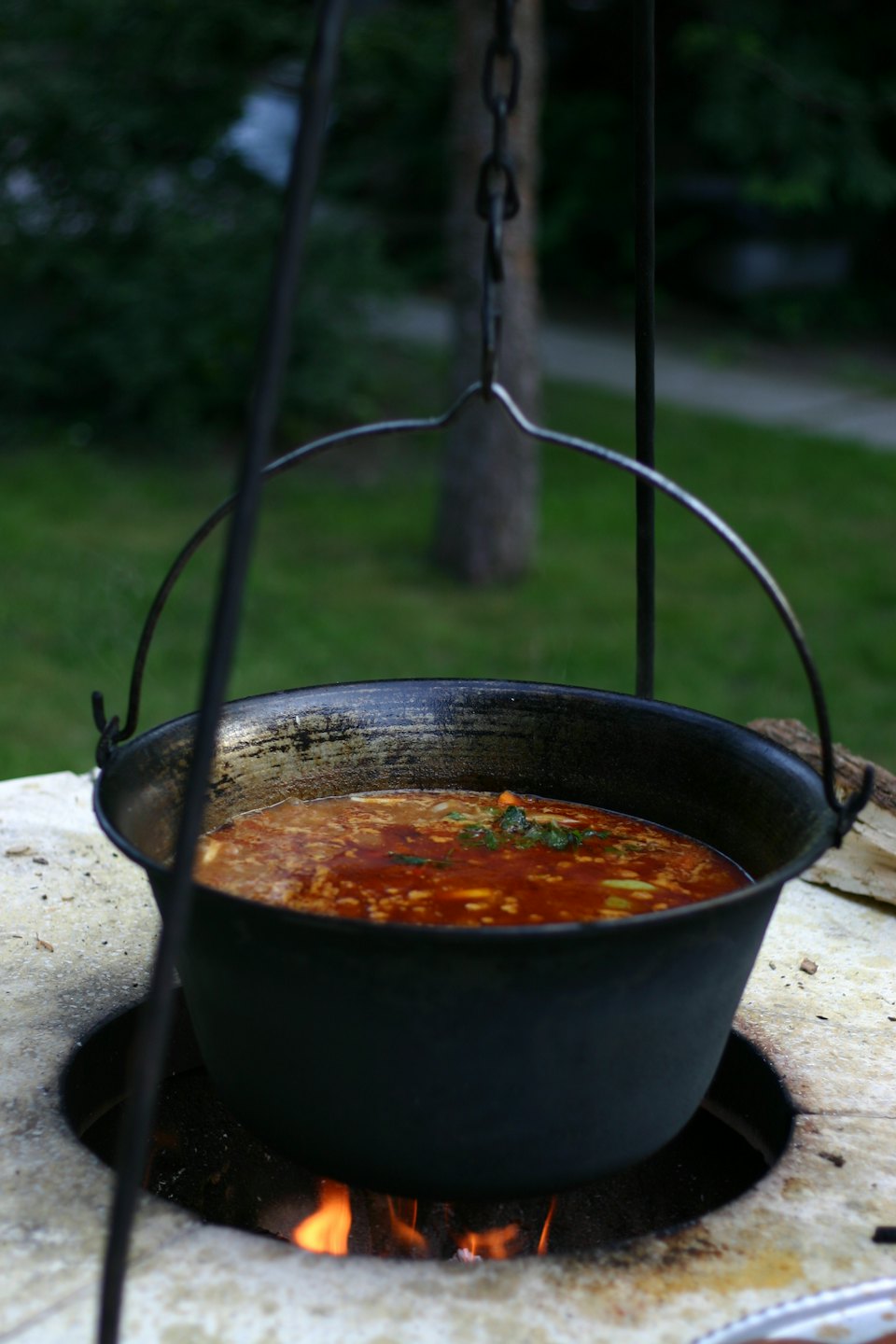 A cast iron pot of stew simmers over an open fire.